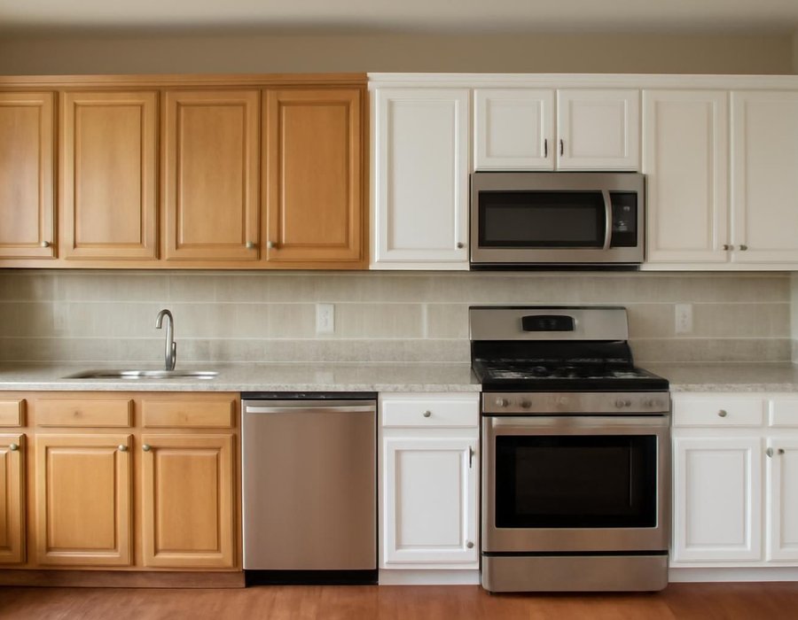 AI concept: Refaced cabinets on the left, new cabinets on the right, in the kitchen layout