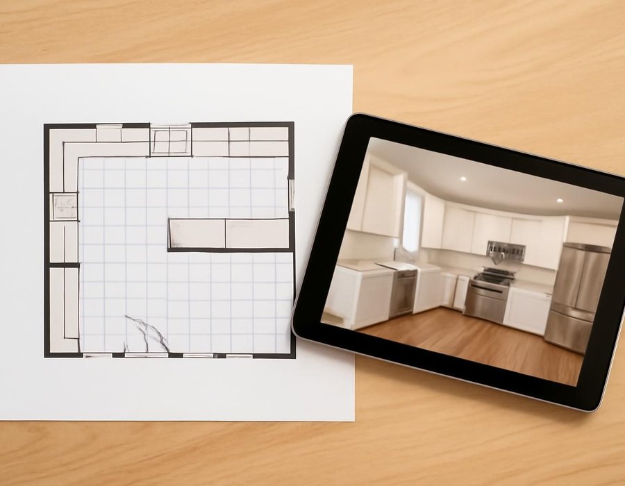 Kitchen floor plan on paper beside a 3D rendering of the same kitchen on a tablet