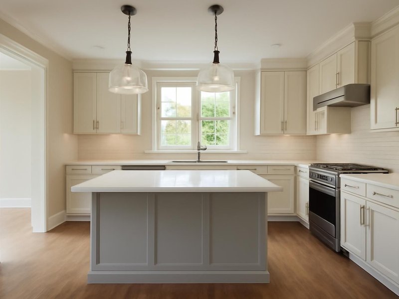 Before: 3D rendering of a kitchen with an island and pendant lights