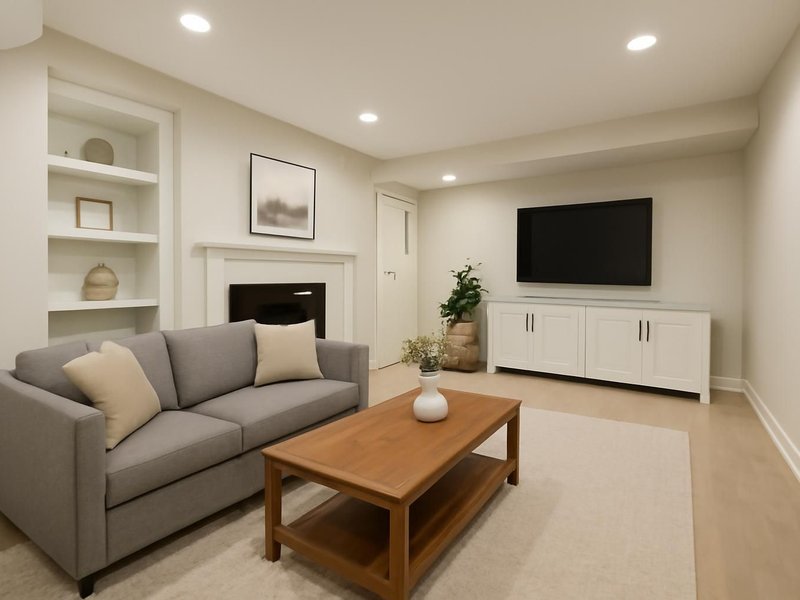Before: 3D view of a basement family room layout