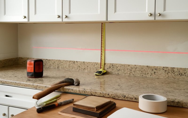 Designer measuring a kitchen wall with a laser