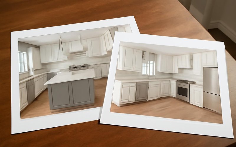 Two kitchen layout options on a table