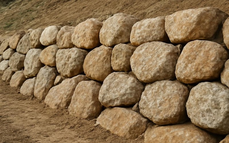 Boulder retaining wall along a slope