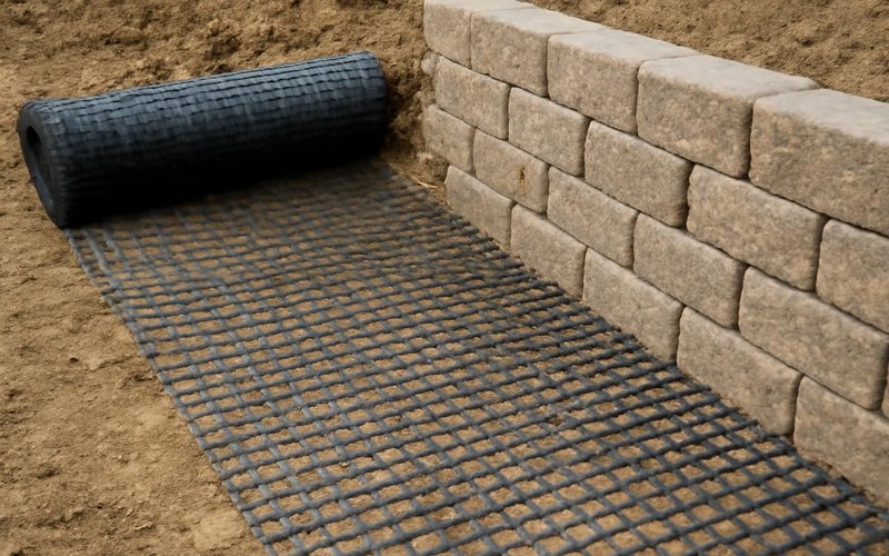 Roll of geogrid being laid behind a wall