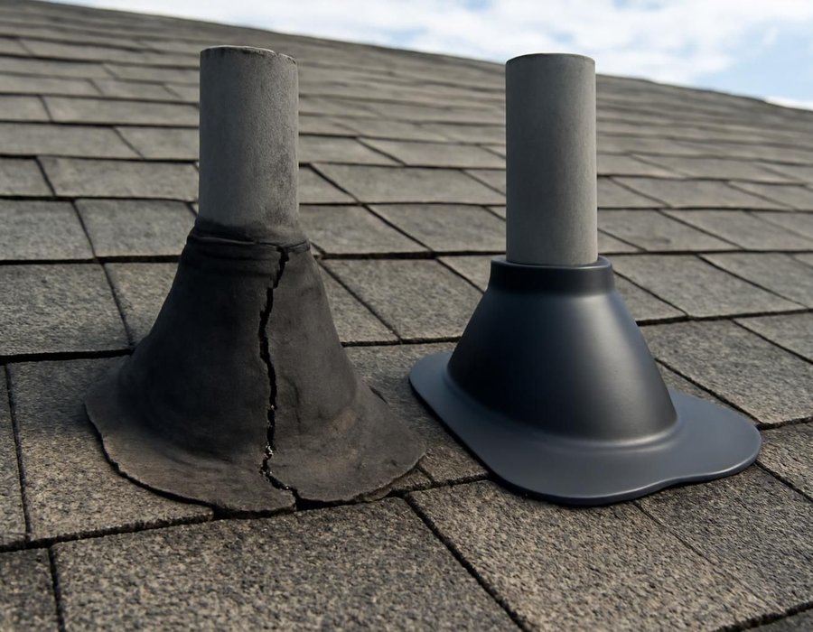 AI concept: Close-up of a cracked rubber pipe boot beside a new replacement boot