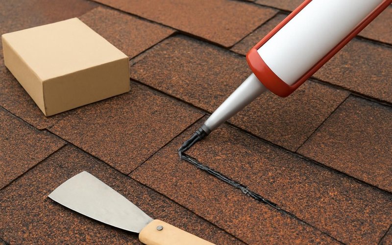AI concept: Roofer hand-sealing shingle tabs with sealant