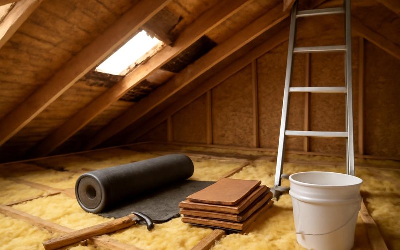 AI concept: Roofer inspecting an attic for the source of a leak