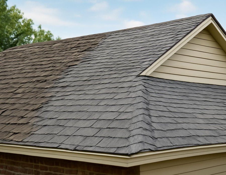 Worn, curling shingles on one slope next to a newly replaced roof on the neighboring house