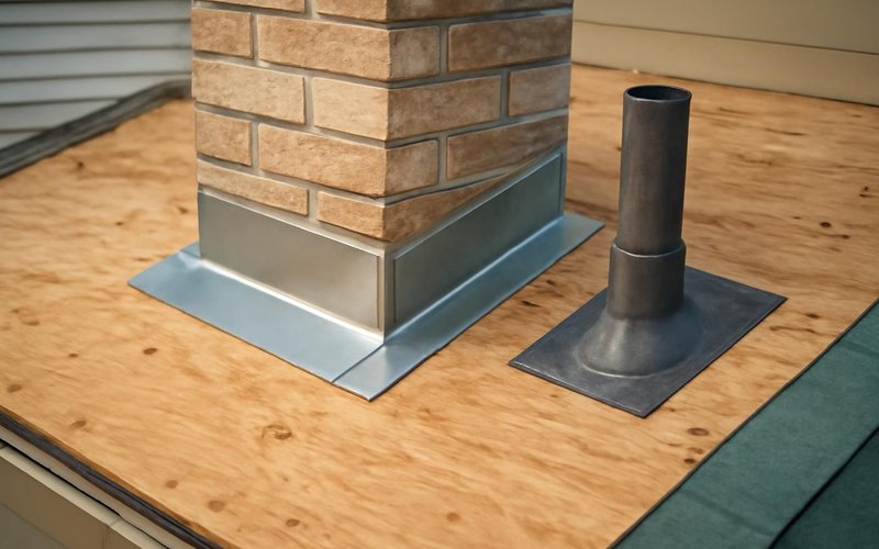 AI concept: New chimney flashing and a lead pipe boot on a roof