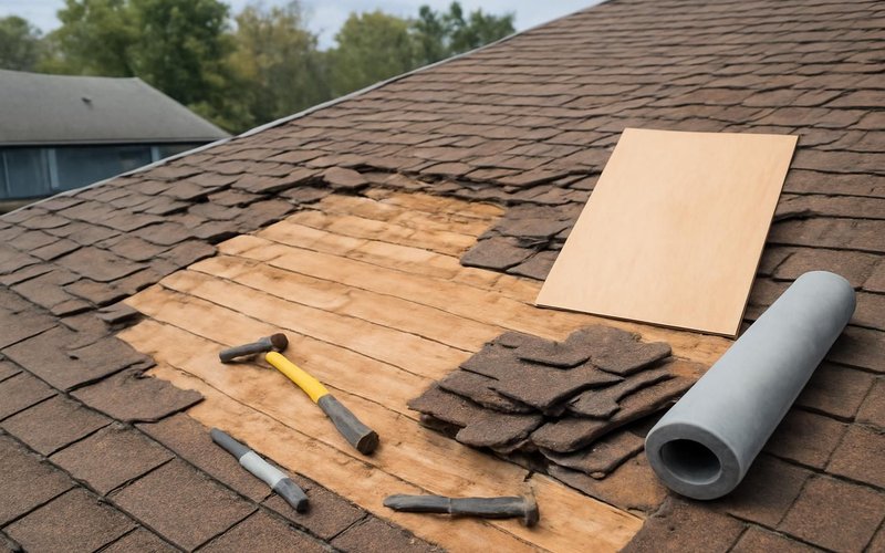 Crew removing old shingles down to the wood deck
