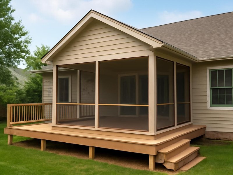 AI concept: Remodeled idea: gable-roof screened porch on the reinforced deck with a beadboard ceiling