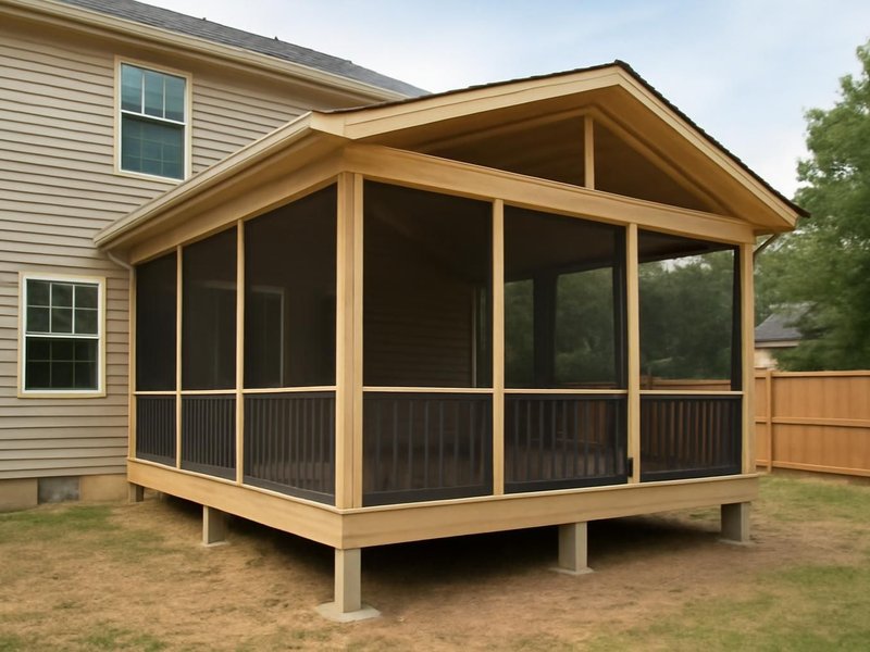 AI concept: Remodeled idea: new screened porch on footings with a shed roof and composite floor