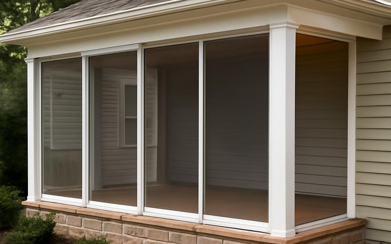 AI concept: Vinyl sliding panels closed on a screened porch