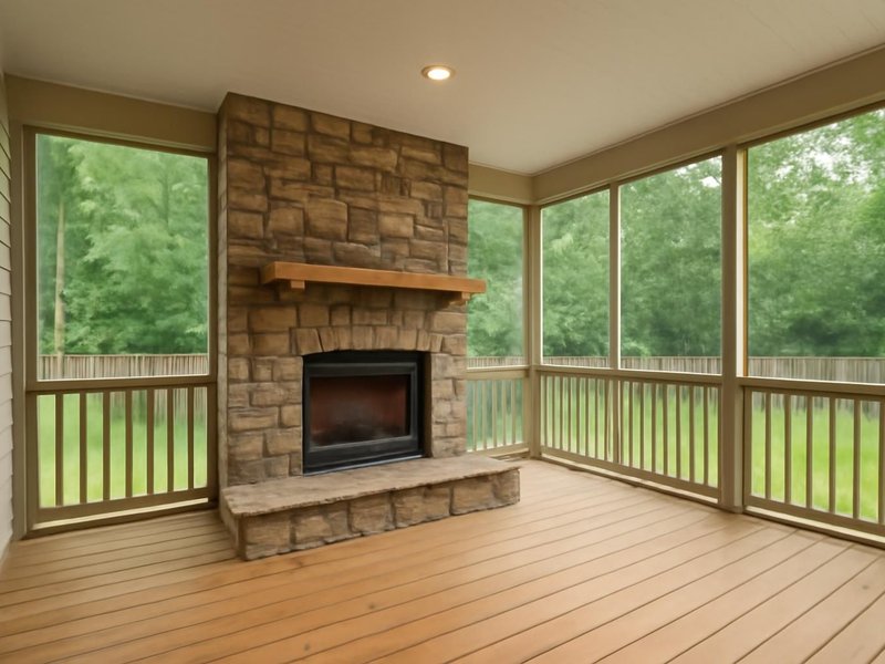 AI concept: Porch with stone fireplace