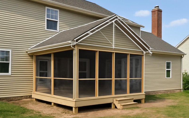 AI concept: Porch roofline sketched on a photo of the house