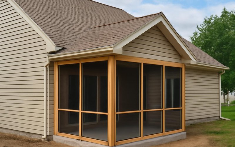 AI concept: Porch roof being shingled where it meets the house