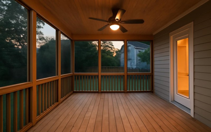 AI concept: Finished screened porch with a ceiling fan at dusk