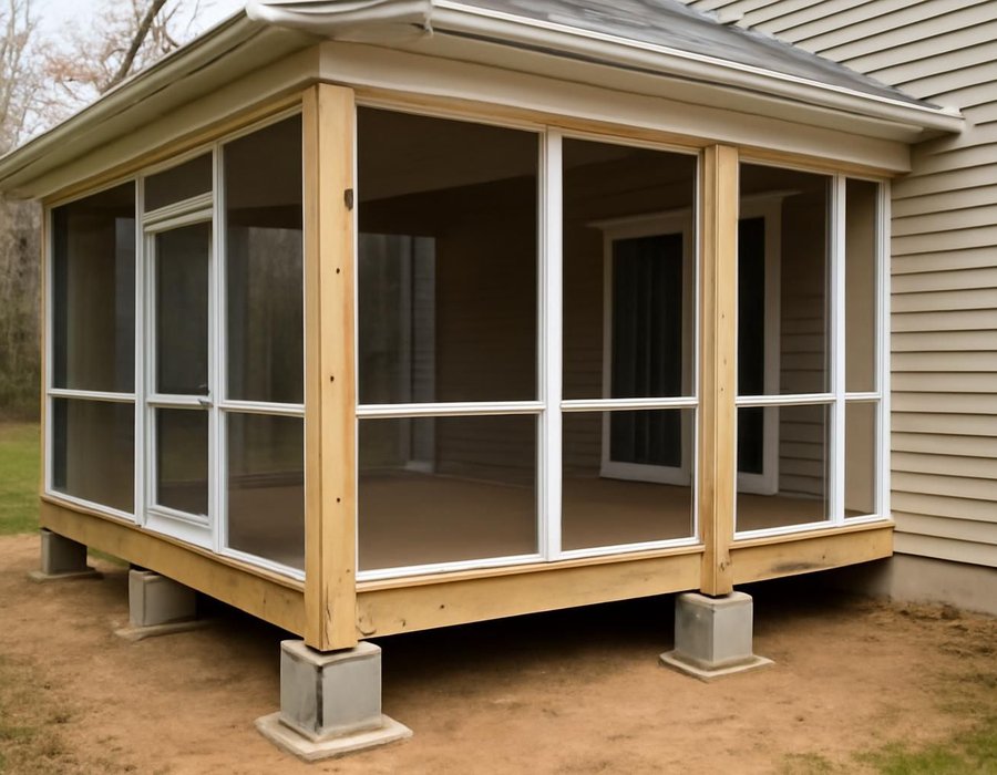 AI concept: Existing deck posts being replaced with larger posts on new footings for a porch roof