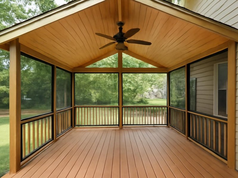 AI concept: Remodeled idea: deck with a gable roof, ceiling fan and black screens