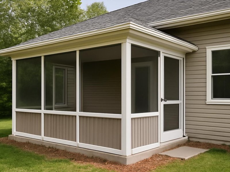 AI concept: Remodeled idea: covered porch with screen panels, a kick plate and a door