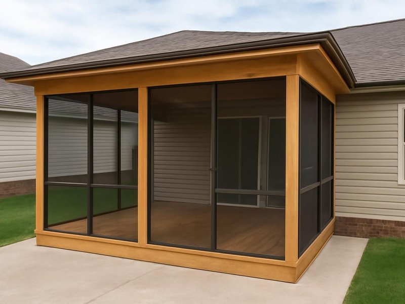 AI concept: Remodeled idea: new screened porch with a shed roof over the old patio