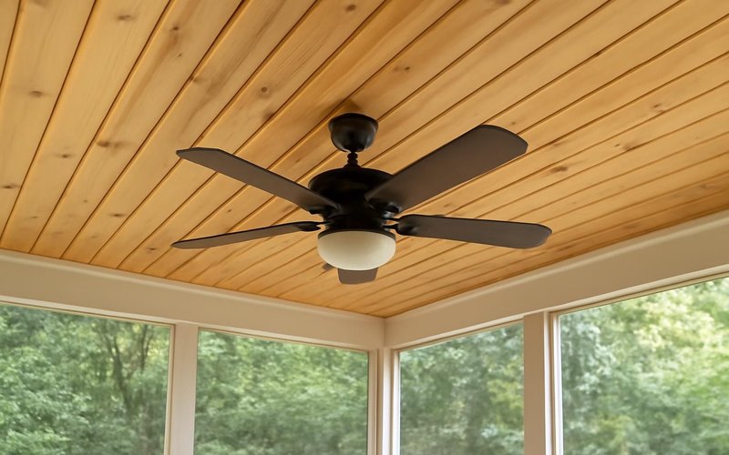 AI concept: Tongue-and-groove porch ceiling with a damp-rated fan
