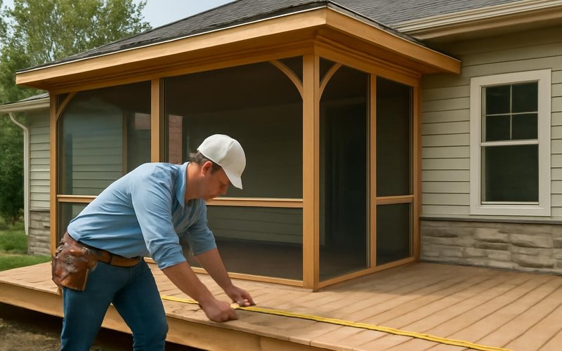 AI concept: Supervisor measuring an existing deck for a porch roof