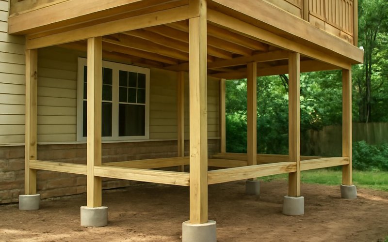 AI concept: New 6x6 posts set on concrete footings under a deck