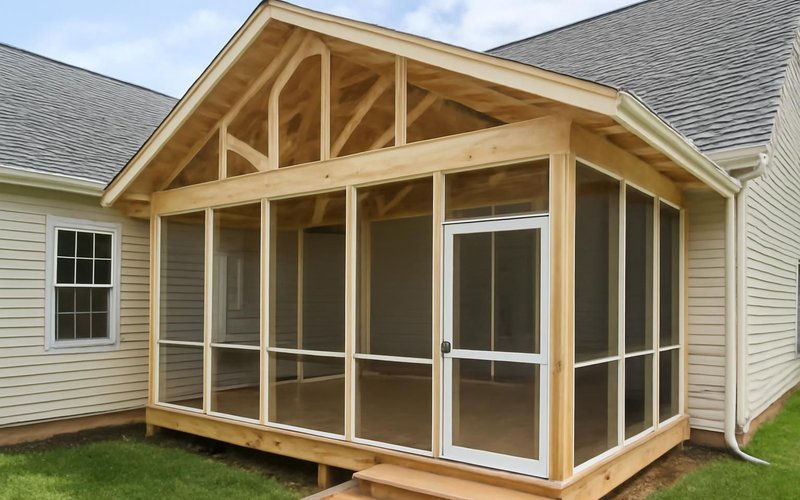 AI concept: Porch roof framing tied into the house roof above a deck