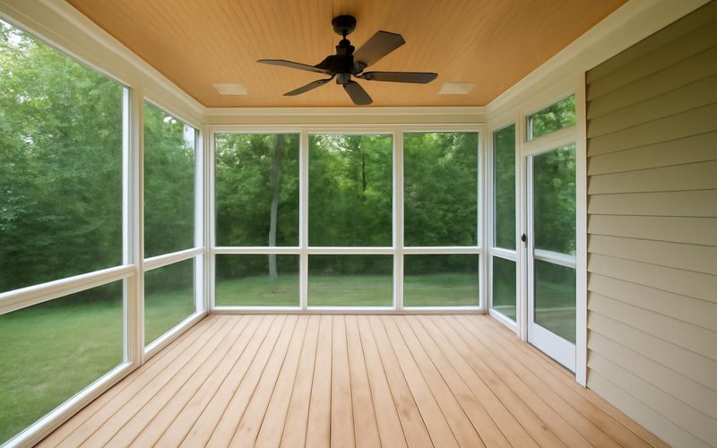 AI concept: Finished screened porch with a ceiling fan and screen door