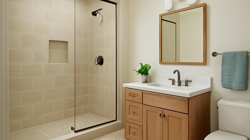 Renovated bathroom with walk-in tiled shower