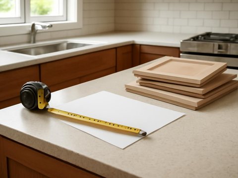 AI concept: Kitchen measurement planning scene with plain tape measure on countertop and cabinet samples, no people