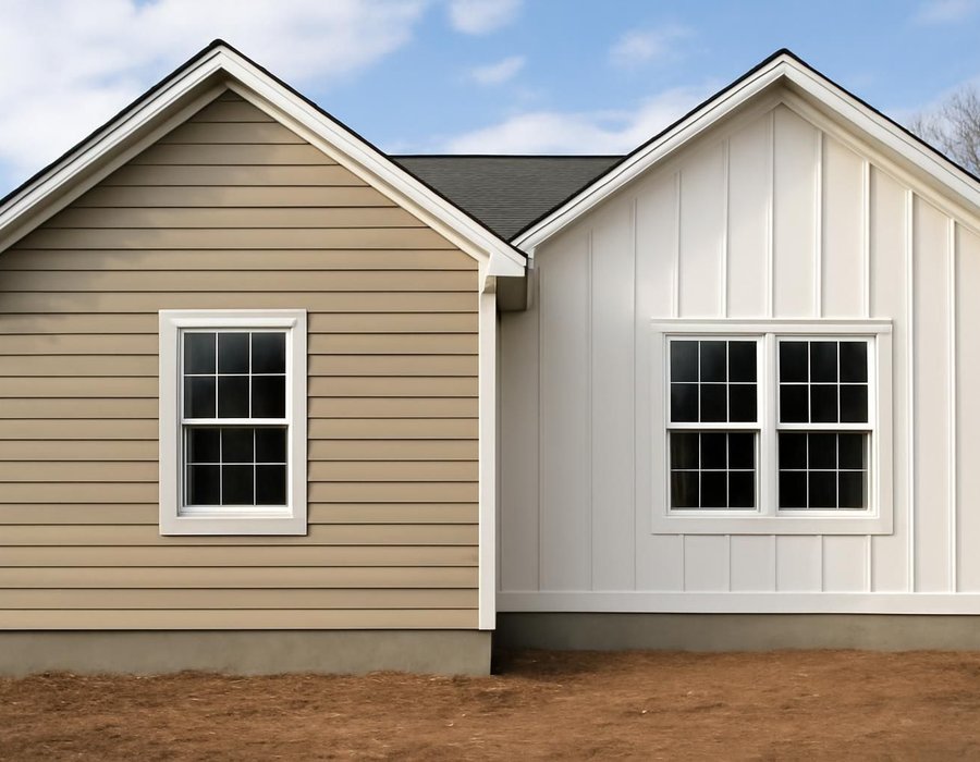 New addition with matching lap siding next to an addition finished in contrasting board and batten