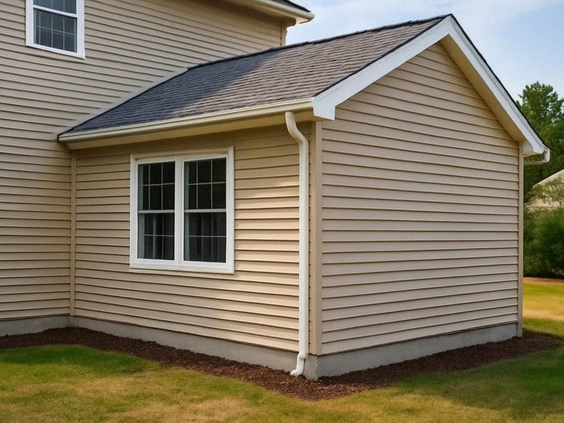 After: same addition in tan Dutch lap vinyl matching the house