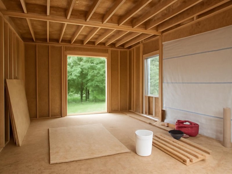 Before: family room addition wrapped in plywood and housewrap