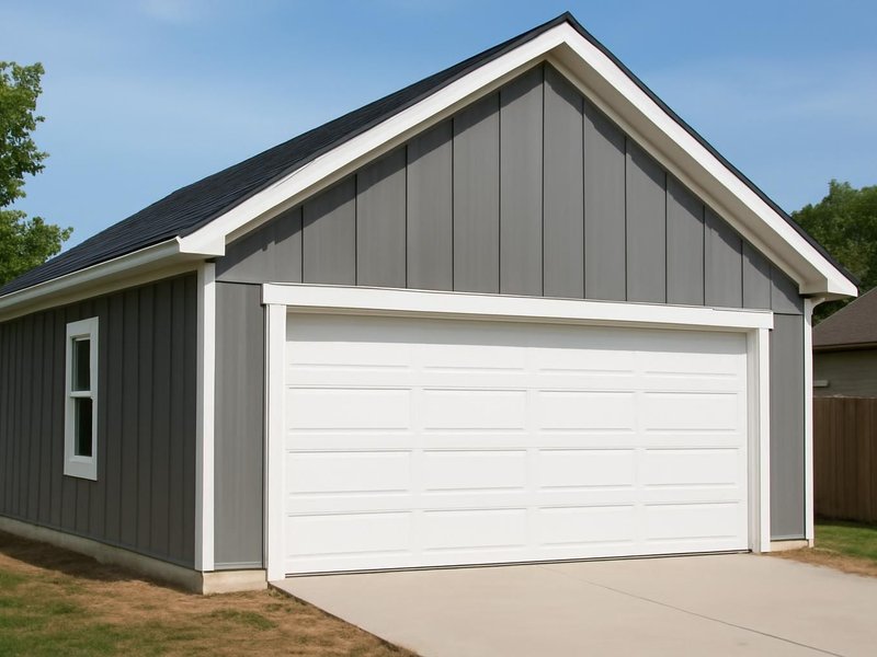 After: garage finished in gray board and batten with white trim