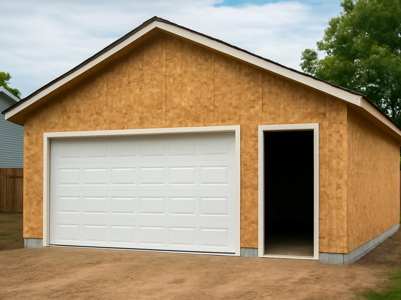 Before: new detached garage with bare OSB sheathing