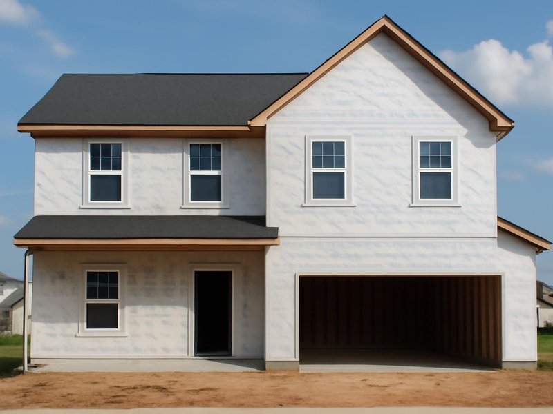 Before: new two-story house with only housewrap on the walls