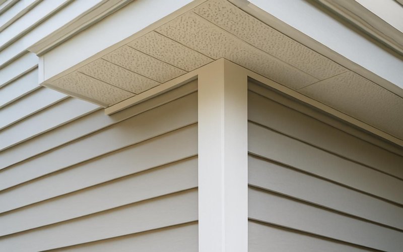 White trim and vented soffit on new siding
