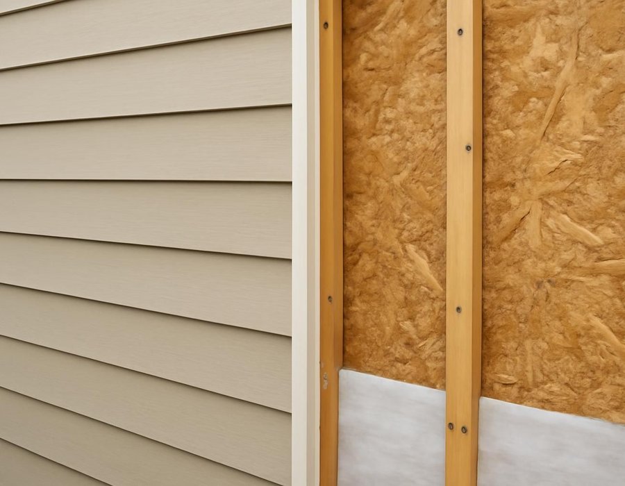 Close-up of one repaired siding section next to a wall stripped for full replacement