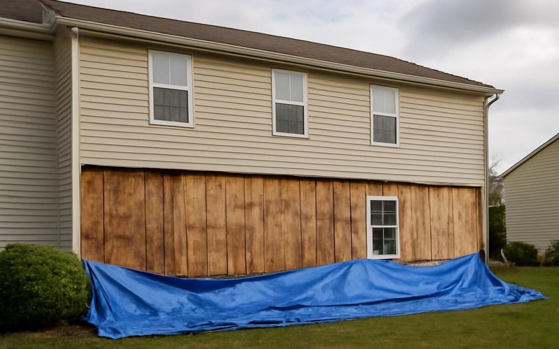Old siding removed with tarps protecting landscaping