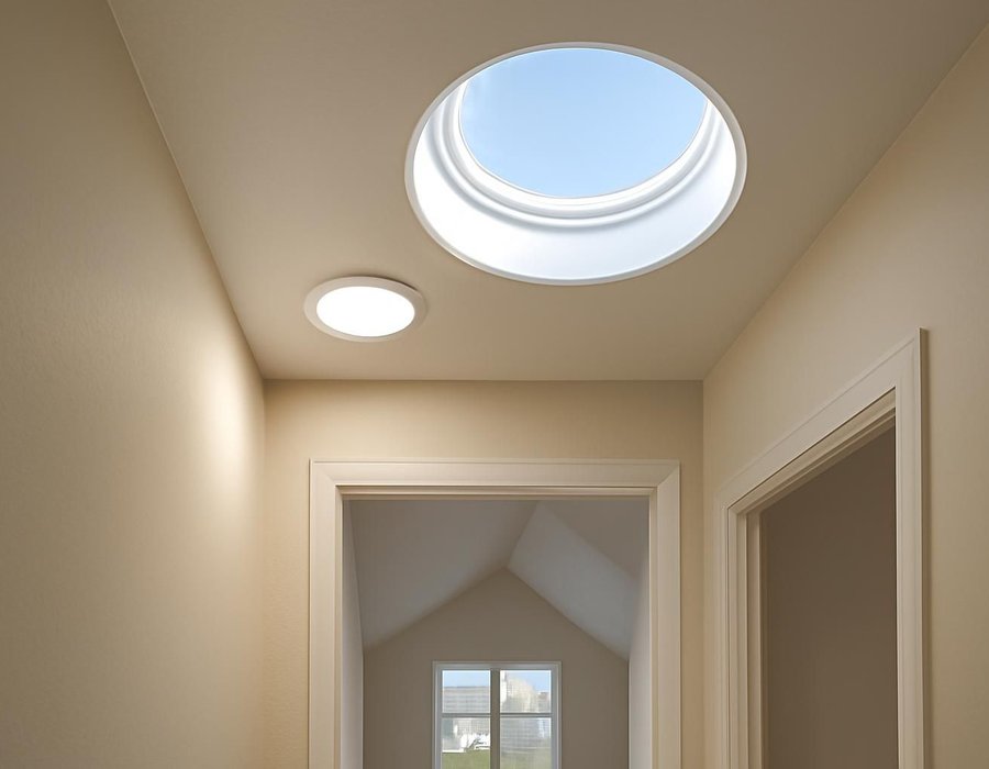 Round sun tunnel diffuser in a hallway ceiling next to a skylight in a vaulted room