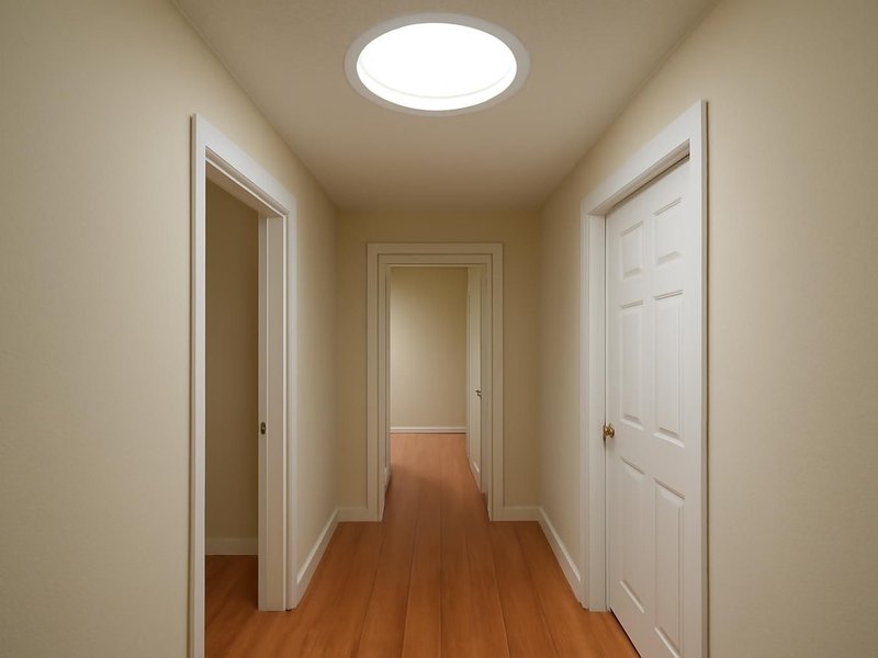 After: same hallway lit by a round sun tunnel diffuser