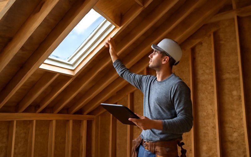 Specialist checking rafters in an attic