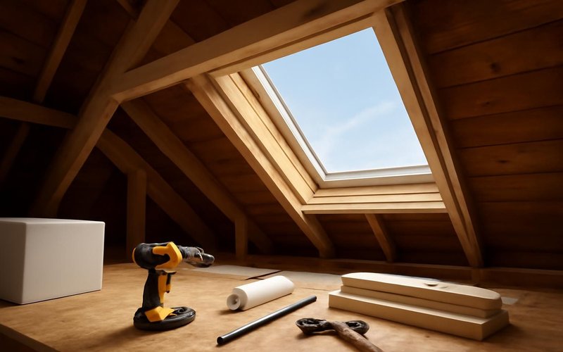 Carpenter framing a skylight opening between rafters