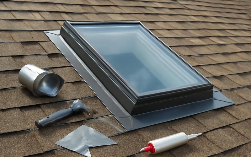 Roofer installing flashing around a new skylight