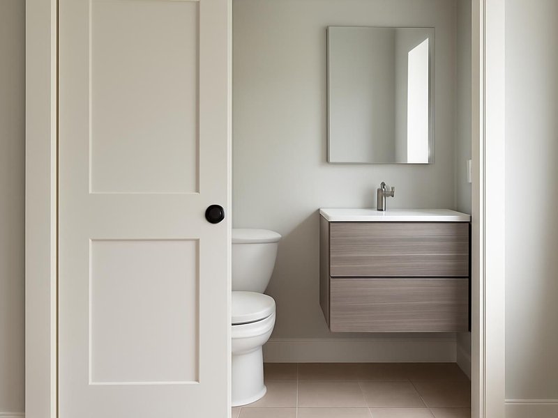 After: pocket door, toilet clear and a floating vanity with drawers