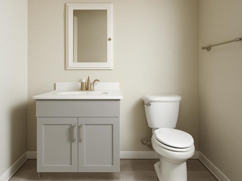 After: shallow vanity, recessed cabinet and large-format floor tile