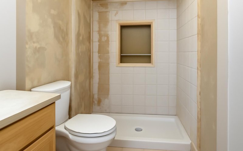 Small bathroom stripped with a new niche framed in