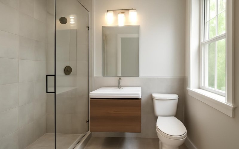 Finished small bathroom with a glass panel and floating vanity